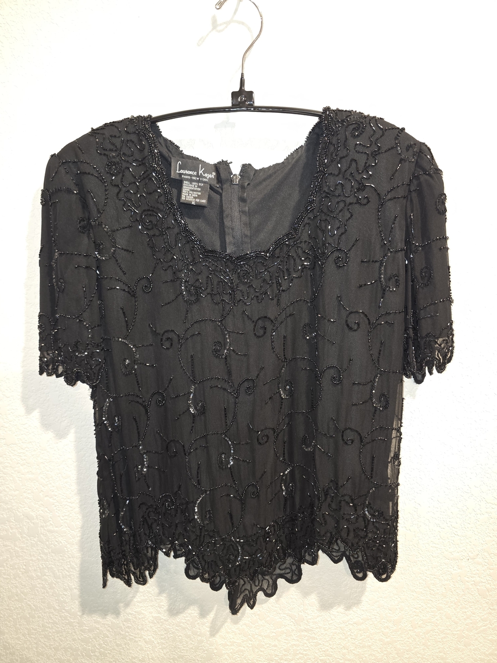 Vintage Laurence Kazar Black Beaded Silk Evening Top - Size XL